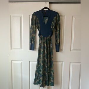 Medium Vintage-Inspired Teal & Gold Patterned Women's Dress